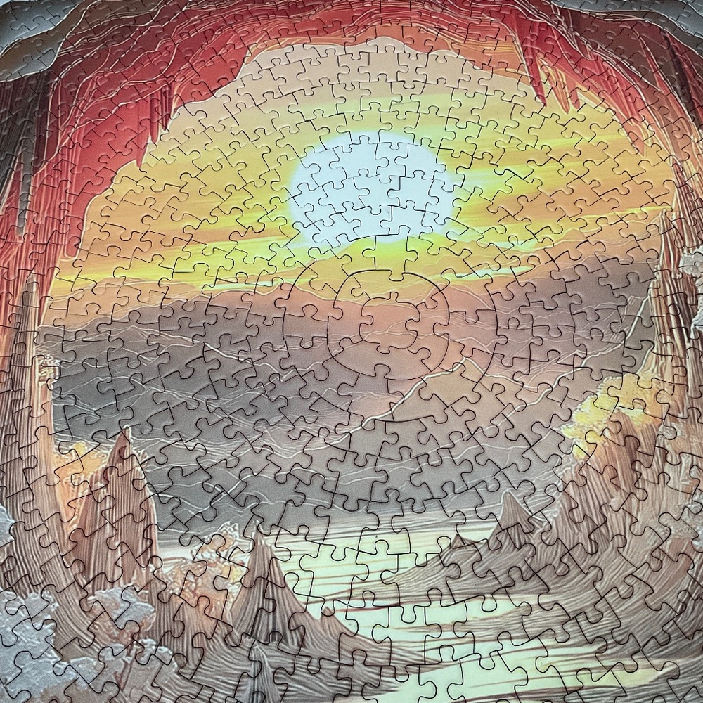 1000-Piece Round Wooden Jigsaw Puzzle – 3D Cave Sunset – 26” x 26” - Picture 5 of 13
